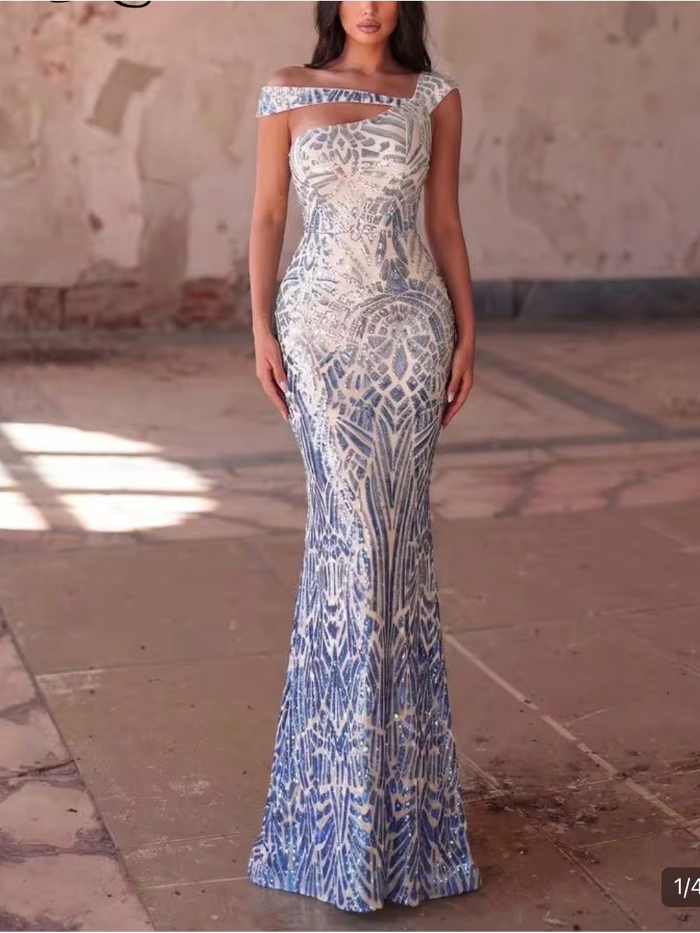 Faeriesty (S) blue silver sequent silhouette fitted hour glass long maxi dress
